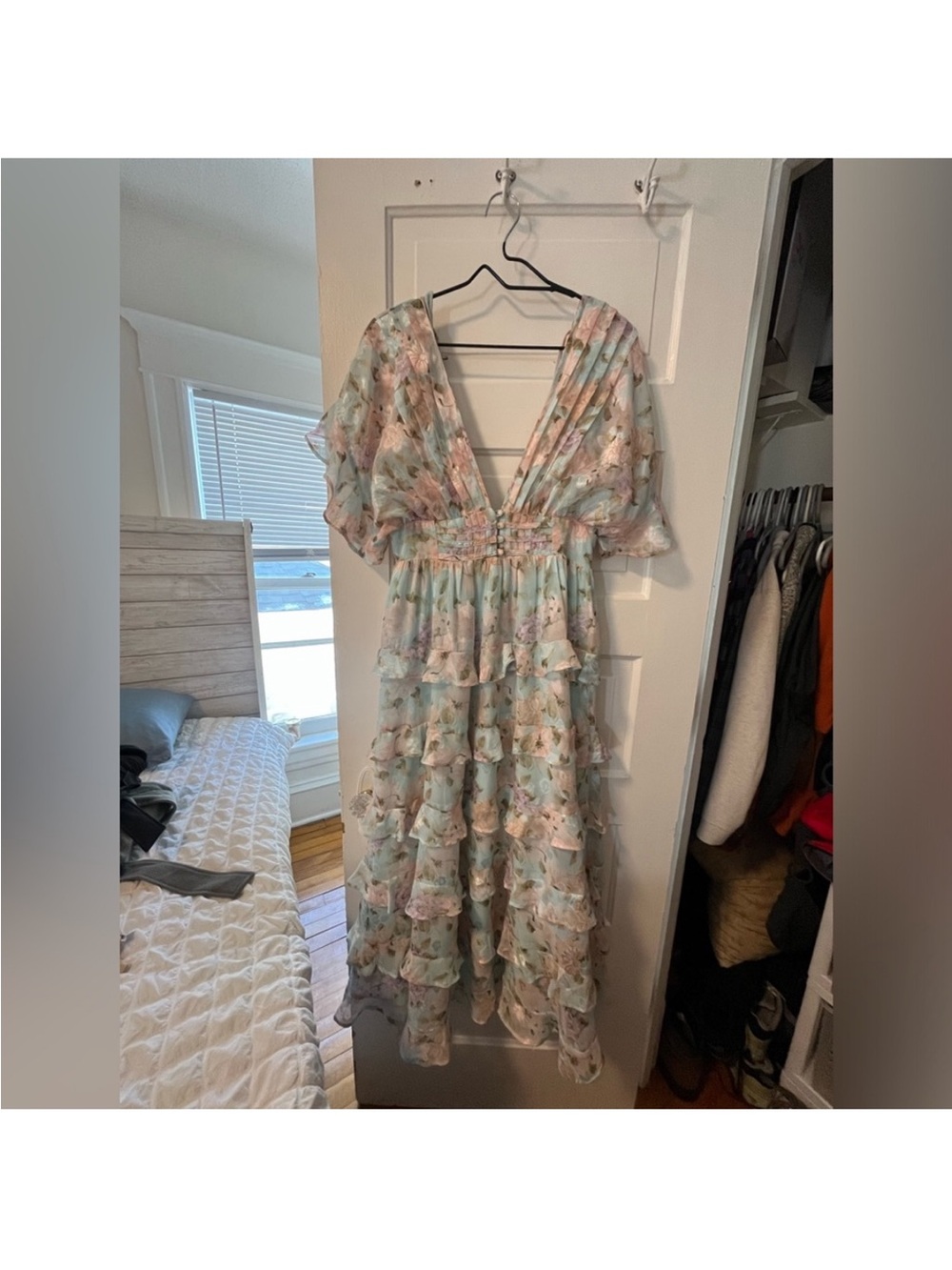 vestique Mint Floral Ruffle Tiered V-Neck Maxi Dress